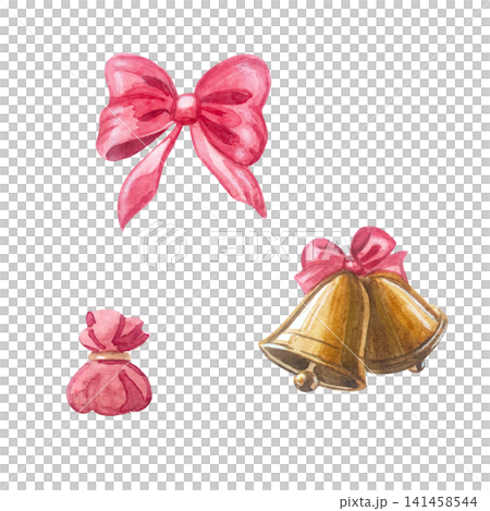 Watercolor pink bow, golden bell and holiday gift pouch set. Isolated hand drawn festive ornament element collection for Christmas and New Year design. Realistic detailed drawing Watercolor pink bow, golden bell and holiday gift pouch set. Isolated hand drawn festive ornament element collection for Christmas and New Year design. Realistic detailed drawing 141458544