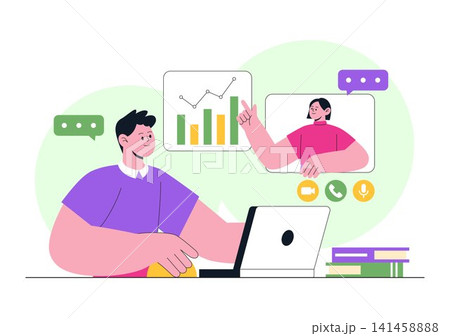 Remote Work Environments Illustration Featuring Home Office Setup, Virtual Collaboration, Online Meetings, Digital Communication, and Productivity Remote Work Environments Illustration Featuring Home Office Setup, Virtual Collaboration, Online Meetings, Digital Communication, and Productivity 141458888