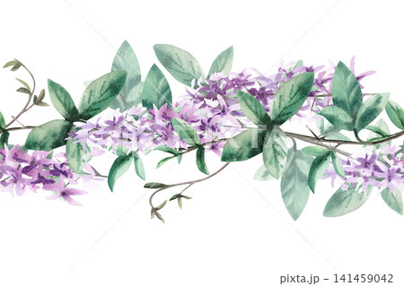 A lush, climbing bush of flowering vines in a seamless border. Can be used vertically. Isolated watercolor illustration for fabric design, packaging, greeting cards, home decor,, wedding invitations. A lush, climbing bush of flowering vines in a seamless border. Can be used vertically. Isolated watercolor illustration for fabric design, packaging, greeting cards, home decor,, wedding invitations. 141459042