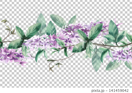 A lush, climbing bush of flowering vines in a seamless border. Can be used vertically. Isolated watercolor illustration for fabric design, packaging, greeting cards, home decor,, wedding invitations. A lush, climbing bush of flowering vines in a seamless border. Can be used vertically. Isolated watercolor illustration for fabric design, packaging, greeting cards, home decor,, wedding invitations. 141459042
