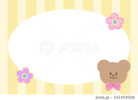 Pastel yellow frame with flowers, teddy bear, stripe pattern for background, backdrop, wallpaper, rectangle ad template, polaroid photo, banner, social media, postcard, memo note, presentation, animal 141459508