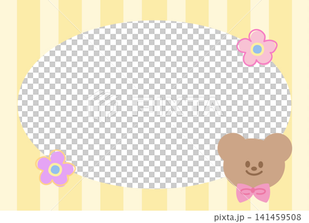 Pastel yellow frame with flowers, teddy bear, stripe pattern for background, backdrop, wallpaper, rectangle ad template, polaroid photo, banner, social media, postcard, memo note, presentation, animal 141459508