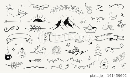 Hand drawn ink elements set design. Collection with black sketchy leaf, paper aircraft, dividers, birds silhouettes, mountains, arrows, hearts, stars, labels, more line scribbles. Vector illustration. 141459692
