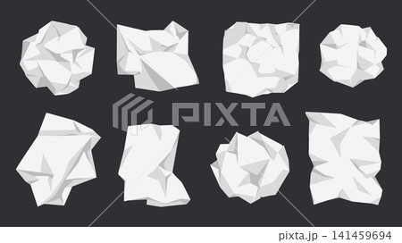 Crumpled paper elements set design. Collection with white distressed and folded paper balls, discard damaged circle shape trash at school or office, recycled faceted garbage. Vector illustration. 141459694