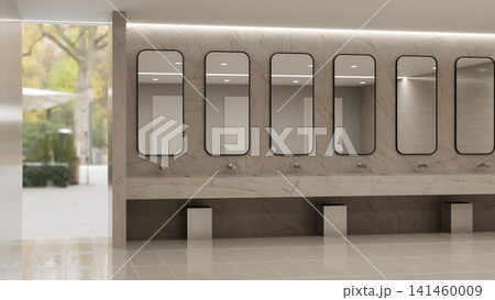 Public restroom vanity area with multiple rounded mirrors and marble counter 3D rendering Public restroom vanity area with multiple rounded mirrors and marble counter 3D rendering 141460009