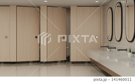Clean public restroom with light wood cubicle doors and oval mirrors 3D rendering Clean public restroom with light wood cubicle doors and oval mirrors 3D rendering 141460011
