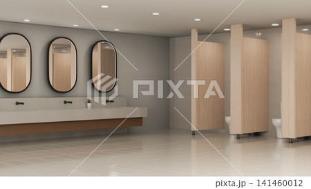 Spacious commercial restroom interior with wooden stalls and oval mirrors 3D rendering Spacious commercial restroom interior with wooden stalls and oval mirrors 3D rendering 141460012