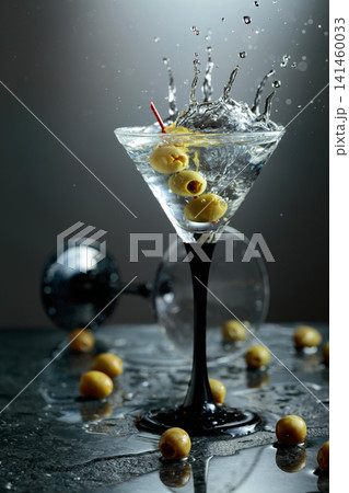 Green olives and glass of martini on a black stone table. Green olives and glass of martini on a black stone table. 141460033