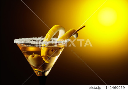 Glass of Martini with green olives and lemon peel. Glass of Martini with green olives and lemon peel. 141460039