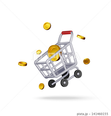 3D Shopping cart with falling gold coins. 141460155