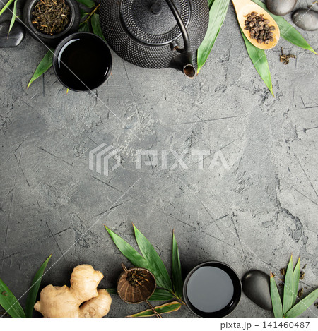 Asian Tea Ceremony Elements with Copy Space on Dark Stone Asian Tea Ceremony Elements with Copy Space on Dark Stone 141460487