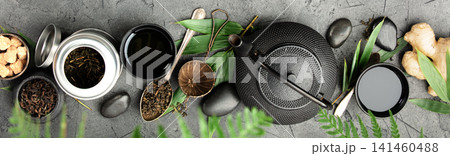 Asian Tea Ceremony Banner with Natural Ingredients on Dark Stone Asian Tea Ceremony Banner with Natural Ingredients on Dark Stone 141460488
