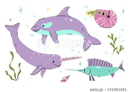A set of cute underwater animals: narwhal, killer whale, marlin, and nautilus. Vector graphics A set of cute underwater animals: narwhal, killer whale, marlin, and nautilus. Vector graphics 141461081