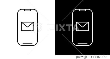 メールが表示されたスマホ画面のアイコン。白と黒のベクターイラストセット メールが表示されたスマホ画面のアイコン。白と黒のベクターイラストセット 141461388