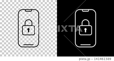 南京錠が表示されたスマホ画面のアイコン。白と黒のモノクロベクターイラストセット 南京錠が表示されたスマホ画面のアイコン。白と黒のモノクロベクターイラストセット 141461389