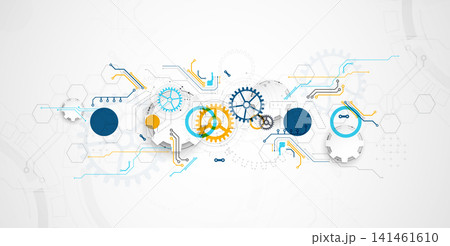 Abstract technology background with colorful gears, circuit board elements, geometric circles, and futuristic mechanism concept. Vector. Abstract technology background with colorful gears, circuit board elements, geometric circles, and futuristic mechanism concept. Vector. 141461610