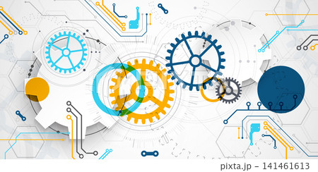 Abstract technology background with colorful gears, circuit board elements, geometric circles, and futuristic mechanism concept. Vector. Abstract technology background with colorful gears, circuit board elements, geometric circles, and futuristic mechanism concept. Vector. 141461613