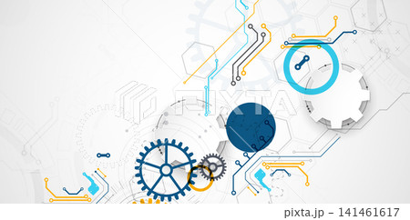 Abstract technology background with colorful gears, circuit board elements, geometric circles, and futuristic mechanism concept. Vector. Abstract technology background with colorful gears, circuit board elements, geometric circles, and futuristic mechanism concept. Vector. 141461617