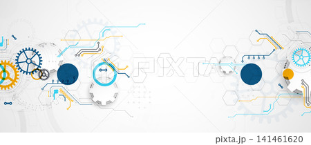 Abstract technology background with colorful gears, circuit board elements, geometric circles, and futuristic mechanism concept. Vector. Abstract technology background with colorful gears, circuit board elements, geometric circles, and futuristic mechanism concept. Vector. 141461620