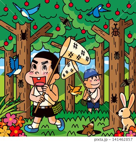 真夏に森林で虫取りをする昭和の少年たち 真夏に森林で虫取りをする昭和の少年たち 141462857