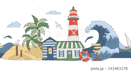 Vector seamless horizontal border coastal houses, boat, ocean waves, marine life. Sea background with lighthouses, seagulls and jumping dolphins. For ribbon design, fabric edges, summer coastal decor Vector seamless horizontal border coastal houses, boat, ocean waves, marine life. Sea background with lighthouses, seagulls and jumping dolphins. For ribbon design, fabric edges, summer coastal decor 141463176