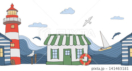Seamless horizontal border coastal houses, lighthouse, boat, ocean waves, marine life. Vector graphic illustration. Sea background with seagulls and jumping dolphins. For summer coastal decor, design Seamless horizontal border coastal houses, lighthouse, boat, ocean waves, marine life. Vector graphic illustration. Sea background with seagulls and jumping dolphins. For summer coastal decor, design 141463181