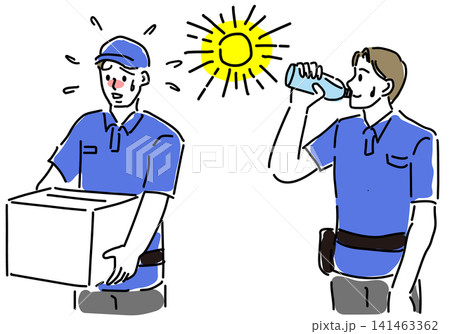 炎天下で働く配達員と水分補給の熱中症対策イラストセット 炎天下で働く配達員と水分補給の熱中症対策イラストセット 141463362
