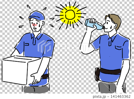 炎天下で働く配達員と水分補給の熱中症対策イラストセット 炎天下で働く配達員と水分補給の熱中症対策イラストセット 141463362