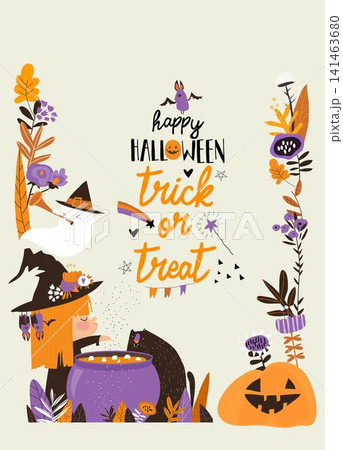 Cute Cartoon Frame With Halloween Witch and Magic Elements Cute Cartoon Frame With Halloween Witch and Magic Elements 141463680