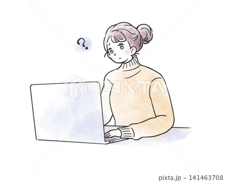 ノートパソコンを使う水彩風の疑問を浮かべた女性のイラスト 141463708
