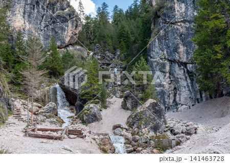 Lower Ciastlins waterfall with limestone cliffs and a rocky streambed in South Tyrol, Italy Lower Ciastlins waterfall with limestone cliffs and a rocky streambed in South Tyrol, Italy 141463728