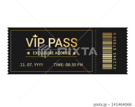 Luxury black and gold VIP Pass Ticket template, isolated on background. Modern design Coupon for Raffle, Disco, concert, event in elegant style. Vector illustration Luxury black and gold VIP Pass Ticket template, isolated on background. Modern design Coupon for Raffle, Disco, concert, event in elegant style. Vector illustration 141464066