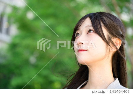 新緑を見上げる日本人女性 新緑を見上げる日本人女性 141464405