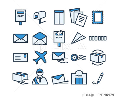 郵便ポスト・郵便受けの線画アイコン20個セット 塗り青 141464791