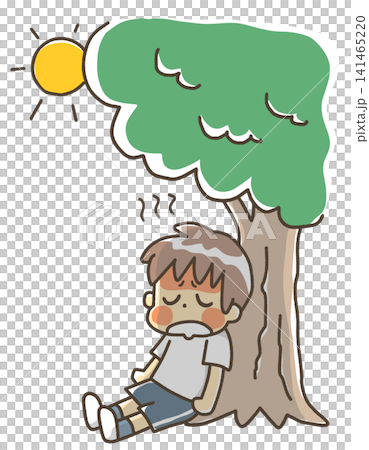 An illustration of a boy resting in the shade because it's hot. An illustration of a boy resting in the shade because it's hot. 141465220