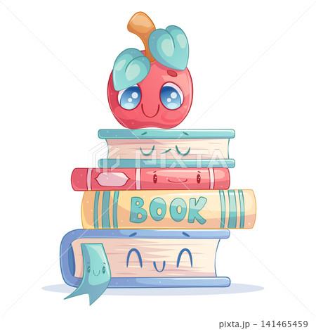 Hand-drawn cute cartoon characters. A stack of books and an apple. Isolated on a white background. Cartoon children's vector illustration for the design of posters, postcards for printing, textiles Hand-drawn cute cartoon characters. A stack of books and an apple. Isolated on a white background. Cartoon children's vector illustration for the design of posters, postcards for printing, textiles 141465459