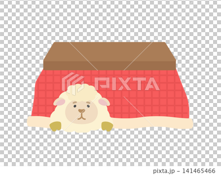A sheep sitting inside a red kotatsu (heated table) - Illustration A sheep sitting inside a red kotatsu (heated table) - Illustration 141465466
