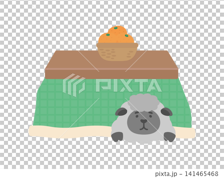 一隻黑羊坐在綠色的暖桌（kotatsu）裡－插圖 141465468