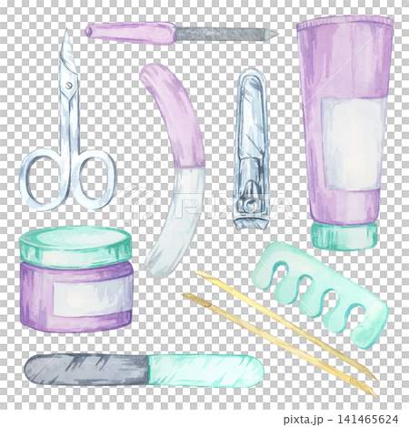 Silver scissors, purple nail file, nail clippers, cream tube, cream jar and manicure tools watercolor illustration for beauty packaging, salon branding, catalogs, websites and brochures. 141465624