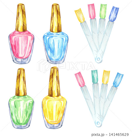 Pink, blue, yellow and green nail polish bottles with colorful swatches watercolor clipart for manicure branding, beauty packaging, salon menus, cosmetic advertising and fashion stationery. Pink, blue, yellow and green nail polish bottles with colorful swatches watercolor clipart for manicure branding, beauty packaging, salon menus, cosmetic advertising and fashion stationery. 141465629