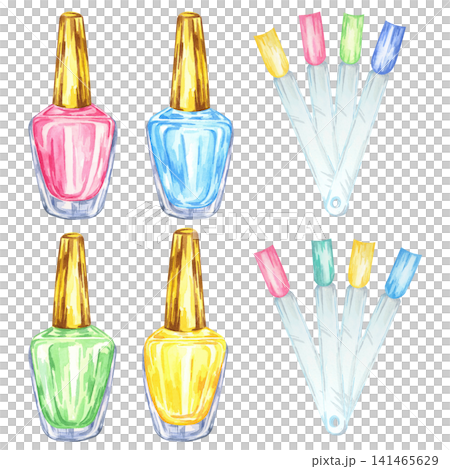 Pink, blue, yellow and green nail polish bottles with colorful swatches watercolor clipart for manicure branding, beauty packaging, salon menus, cosmetic advertising and fashion stationery. Pink, blue, yellow and green nail polish bottles with colorful swatches watercolor clipart for manicure branding, beauty packaging, salon menus, cosmetic advertising and fashion stationery. 141465629