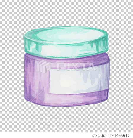 Purple cosmetic cream jar with mint lid watercolor illustration for skincare labels, beauty packaging, spa advertising, product catalogs, cosmetic branding, websites and printable marketing Purple cosmetic cream jar with mint lid watercolor illustration for skincare labels, beauty packaging, spa advertising, product catalogs, cosmetic branding, websites and printable marketing 141465637