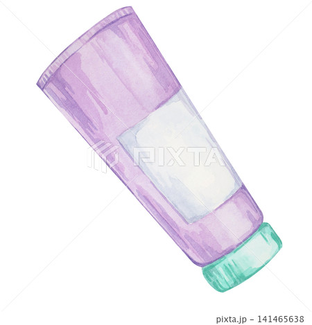 Purple cosmetic cream tube with mint cap watercolor clipart for skincare packaging, beauty branding, spa brochures, cosmetic catalogs, online shops, social media graphics and wellness stationery 141465638