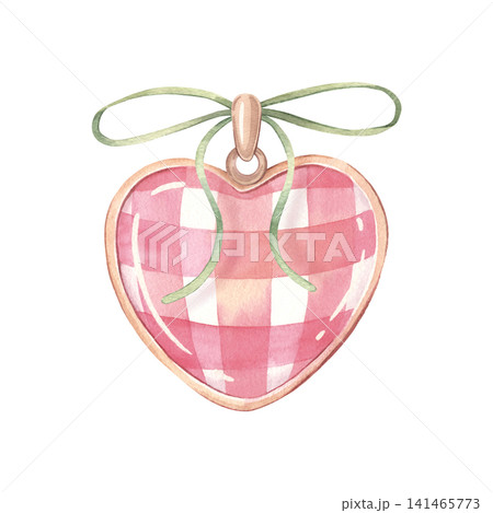 Pink gingham heart, coquette pendant with bow. Hand-painted watercolor illustration isolated on white for jewelry branding, sticker, invitation, valentine card, packaging, scrapbooking, poster, design 141465773