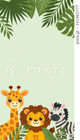 Cute giraffe, lion, and zebra with jungle leaves on green background 141465777