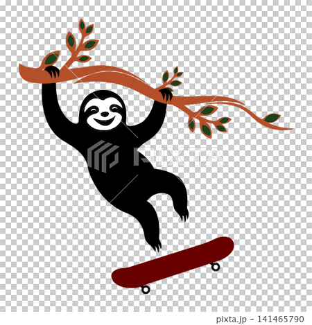 Funny sloth swinging from branch about to land on skateboard showing joy and courage Funny sloth swinging from branch about to land on skateboard showing joy and courage 141465790