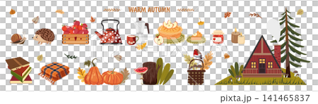Warm Autumn Vector Collection with Cozy Scandinavian Cabin, Forest Elements and Seasonal Decor Warm Autumn Vector Collection with Cozy Scandinavian Cabin, Forest Elements and Seasonal Decor 141465837