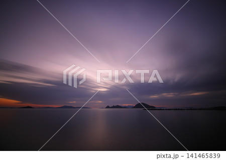 sunset on the beach. Seaside town of Turgutreis and spectacular sunsets. Selective Focus. Long Exposure shoot. tranquility scene. 141465839