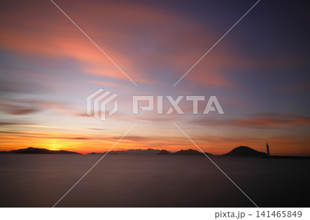 sunset on the beach. Seaside town of Turgutreis and spectacular sunsets. Selective Focus. Long Exposure shoot. tranquility scene. 141465849
