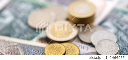 Big amount of polish zloty money banknotes and grosz coins close up. Huge pile of cash of Poland Big amount of polish zloty money banknotes and grosz coins close up. Huge pile of cash of Poland 141466035